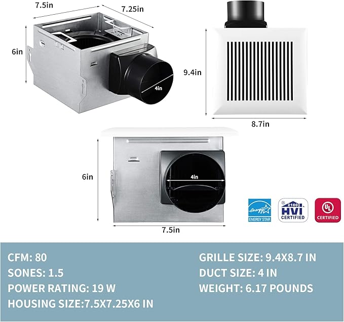 Tech Drive Very-Quiet 80 CFM, 1.5 Sone No Attic access Needed Installation Bathroom Ventilation and Exhaust Fan