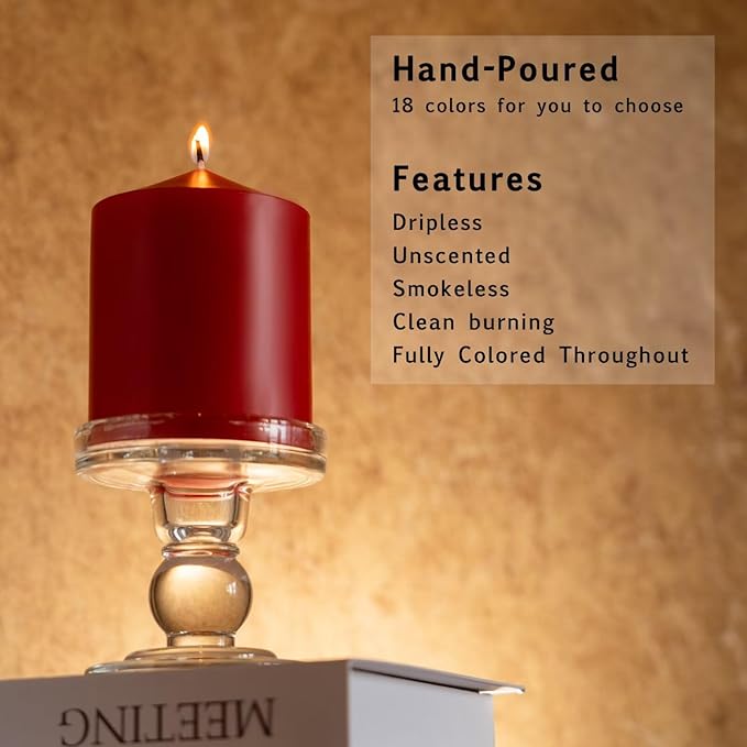 MOZEAL 3" x 4" Hand-Poured Unscented Red Pillar Candles,Dripless Candles Set of 3,Smokeless,Clean Burning,Approx 60 Hours Burn Time,Wedding,Dinner,Christmas and Home Decor（3 Inch Width Series）