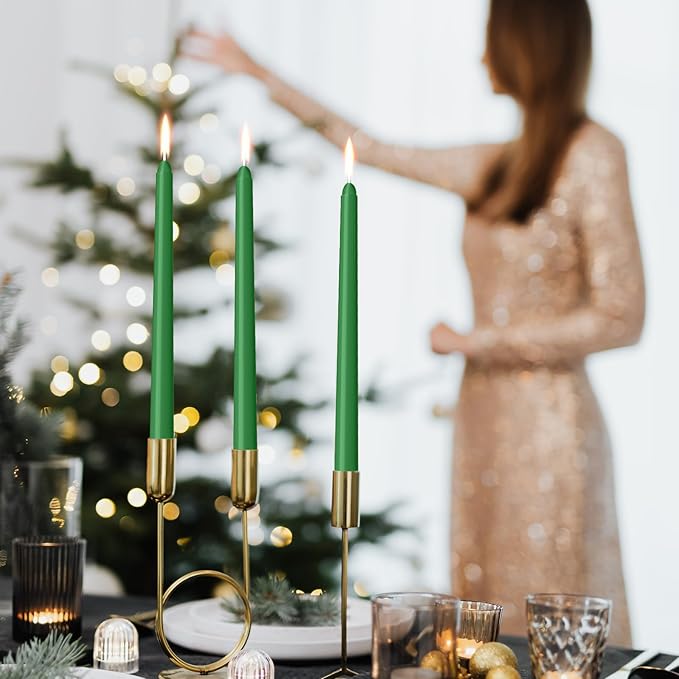 12 Pack Green Taper Candles 10 inch - Taper Candles Dripless, Smokeless, Unscented - 8 Hours Long Burning - Hand Poured Tall Candlesticks - Perfect for Home Decor, Weddings, and Special Occasions