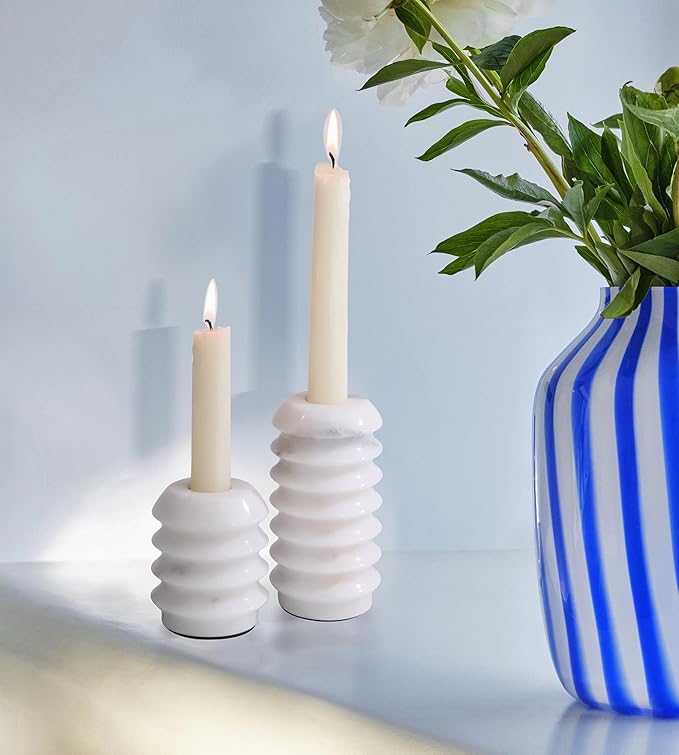HofferRuffer Marble Candlestick Holders, Set of 2 Natural Stone Candle Holder Decorative Candle Stands for Wedding, Dinning, Party, Table Centerpieces, Fits 3/4'' Thick Candles (MarbleWhite)