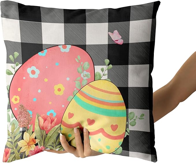 Giwawa Easter Pillow Covers 20x20 Inch, Easter Bunny Eggs Throw Pillowcases with Black White Buffalo Plaids, Cute Rabbit Spring Flower Cotton Cushion Cover for Sofa Couch Bedding Decor, Set of 2