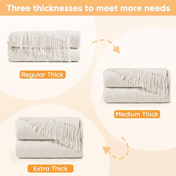 inhand Throw Blanket for Couch Bed,Chunky Chenille Woven Soft Blankets with Tassels, Cozy Boho Farmhouse Fall Winter Decor,Warm for Women,60"x80",Extra Thick-Off White