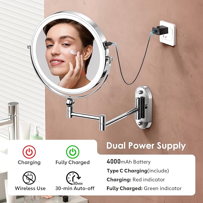 9" Wall Mounted Lighted Makeup Mirror,4000mAh Rechargeable Double Sided 1X/20X Magnifying Mirror with Light,Touch Dimmable,Extended Arm 360 Rotation Wall Mounted Makeup Mirror 3 Color Lights