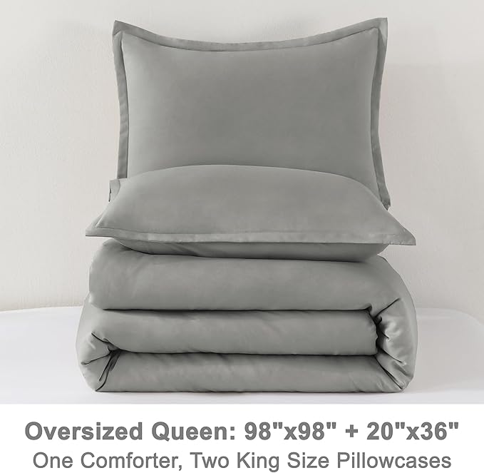 Litanika Comforters Medium Gray Oversized Queen Size, 3 Pieces Lightweight Solid Bedding Set & Collections, All Season Fluffy Bed Set (98x98In Comforter & 2 Pillowcases)