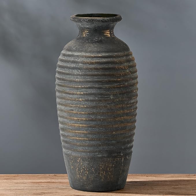 Ceramic Natural Rustic Vase, 14.4 Inch Large Vintage Flower | Threaded Decorative | Farmhouse Tall Vase for Home Decor, Living Room, Shelf Decor, Gift, Bronze