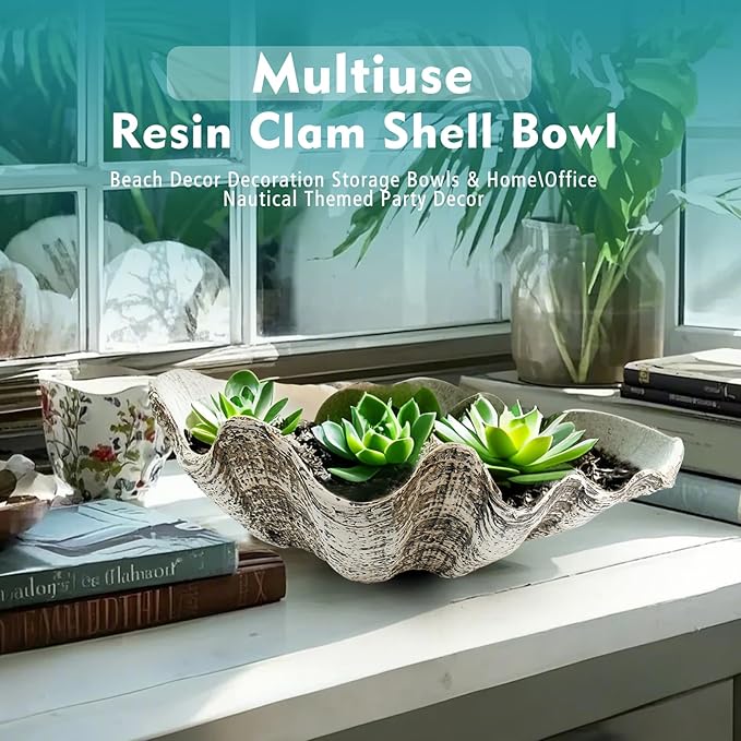 Large Mud Gray Clam Shells Decorative Bowl,Weathered style ClamShell Bowl Beach Decorations for Home Coastal Beach Decor Decoration Storage Bowls & Home Office Nautical Themed Party Decor -10.2"-1PC