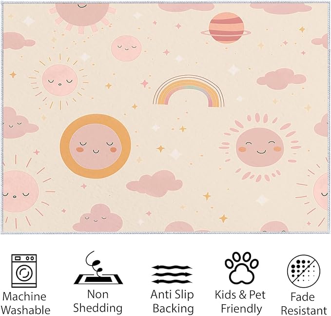 Area Rug for Living Room 7x8 ft Cartoon Sun Rainbow Machine Washable Non-Slip Rugs, Soft Accent Rugs, Lightweight Carpet, Foldable Easy Care, Stylish Indoor Area Rug