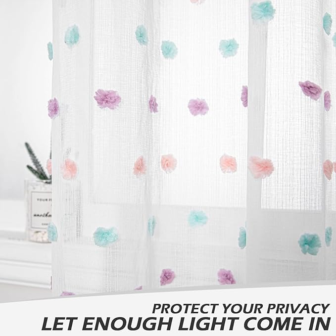 MYSKY HOME Small Curtains for Kitchen Windows Rainbow Pom Pom Curtains for Bedroom Light Filtering White Sheer Curtains for Nursery Cafe Bathroom Privacy Rod Pocket Voile 52 x 45 inch 2 Panels