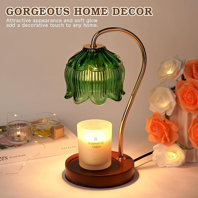 Green Candle Warmer Lamp with Timer, Christmas Gifts, Dimmable Flower Candle Lamp Warmer, Vintage Birthday Gifts for Women, Mom, Female Friend, Aromatic Candle Light for Yankee Candles