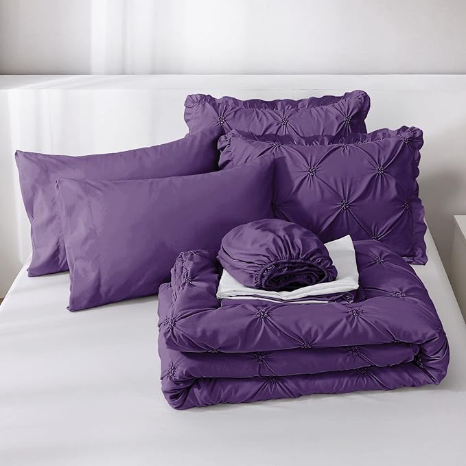 JOLLYVOGUE Purple Cal King Size Comforter Sets 7 Pieces, Pintuck Bed in a Bag Comforter Set for Bedroom, Bedding Comforter Sets with Comforter, Sheets,Ruffled Shams & Pillowcases