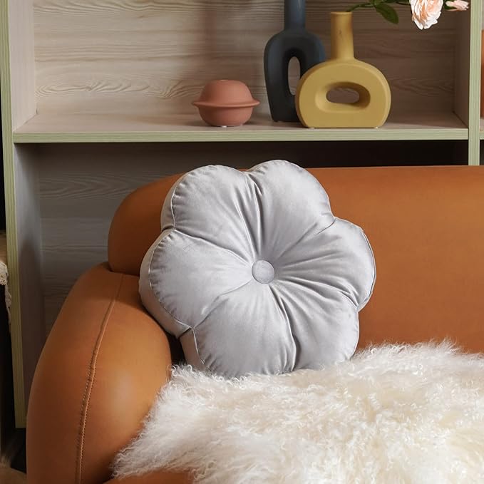 ARTMAGIC Flower Shaped Velvet Decorative Throw Pillow Cushion Ultra Soft Cute Floor Pillow for Couch Bed Sofa (Light Grey)