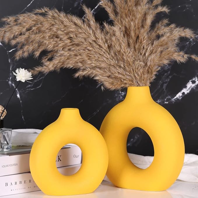 Yellow Ceramic Vase Set of 2 - Yellow Vase for Home Decor, Round Boho Vases for Pampas Grass and Flowers Decor, Modern Living Room, Bedroom, Fireplace, Farmhouse, and Centerpieces