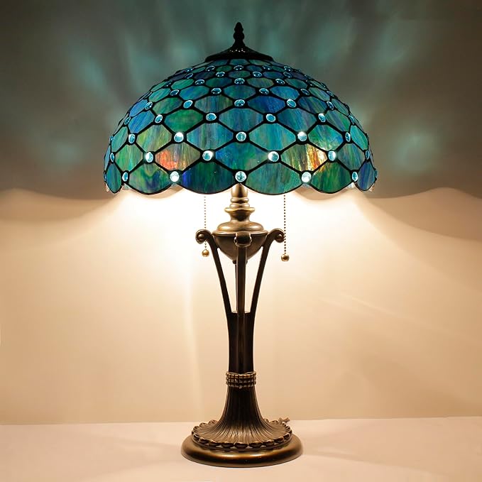 Tiffany Table Lamp Sea Blue Pearl Stained Glass Desk Lamp 16X16X24 Inches Reading Light