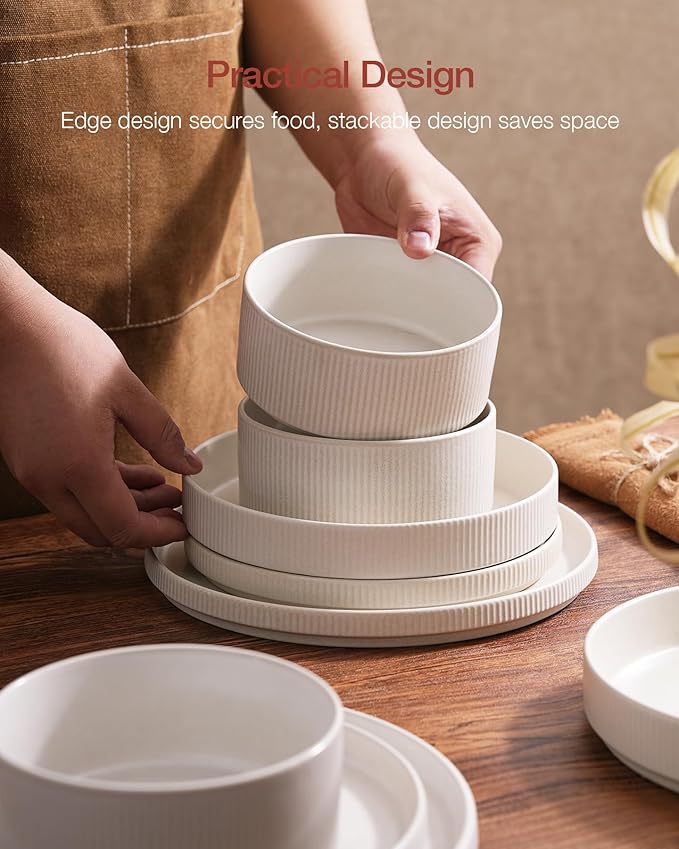 Famiware Star Plates and Bowls Sets, Modern Stoneware Dinnerware Sets for 6, 18-Piece Kitchen Dish Set - Chip and Scratch Resistant, Microwave and Dishwasher Safe Tableware, Matte White