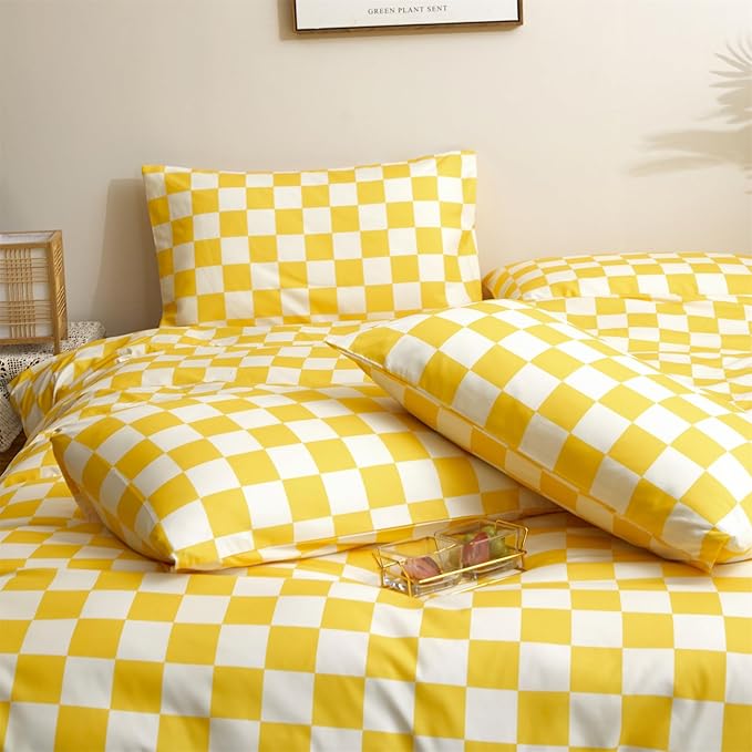 KAREVER Yellow White Grid Comforter Set Full Yellow Plaid Bedding Set Girls Yellow and White Checkered Bed Comforter Set Breathable Blanket Set Kids Durable Bedding Comforter Set