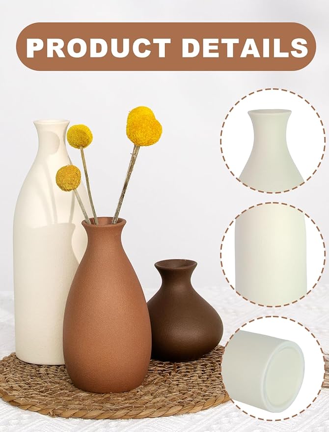 Ceramic Vase Set of 3 Modern Neutral, Flower Vases for Centerpieces, Vases Home Decor Rustic Farmhouse Decor for Table, Shelves, Enterway, Living Room, Bedroom, Office, Kitchen (Brown Grey White)