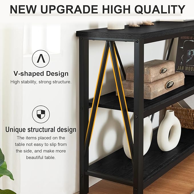 HOMISSUE Entryway Console Table, Rustic Console Tables with Wide Storage, Industrial Foyer for Entry with 3-Tier Open Shelves, Entryway Table for Living Room, Hallway, Black, 47 Inch