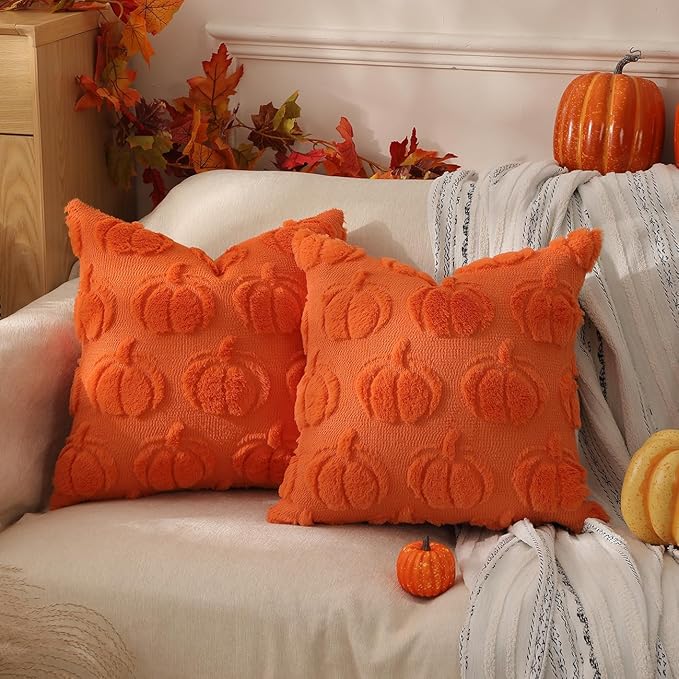 TOYPOPOR Fall Decorations, 2 Packs Double Sided Throw Pillow Covers, Orange Soft Faux Fur Pumpkin Pillow Cases Autumn Harvest Thanksgiving Indoor Outdoor Home Decor for Living Room Porch Couch 20x20