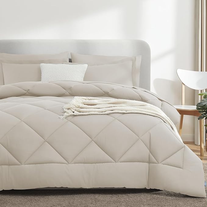 CozyLux Queen Comforter Set Beige - Bed in a Bag Queen Size 7 Pieces, Luxury Soft Bed Set for All Seasons, Bedding Set with Down Alternative Comforter, Sheets, Pillowcases & Shams