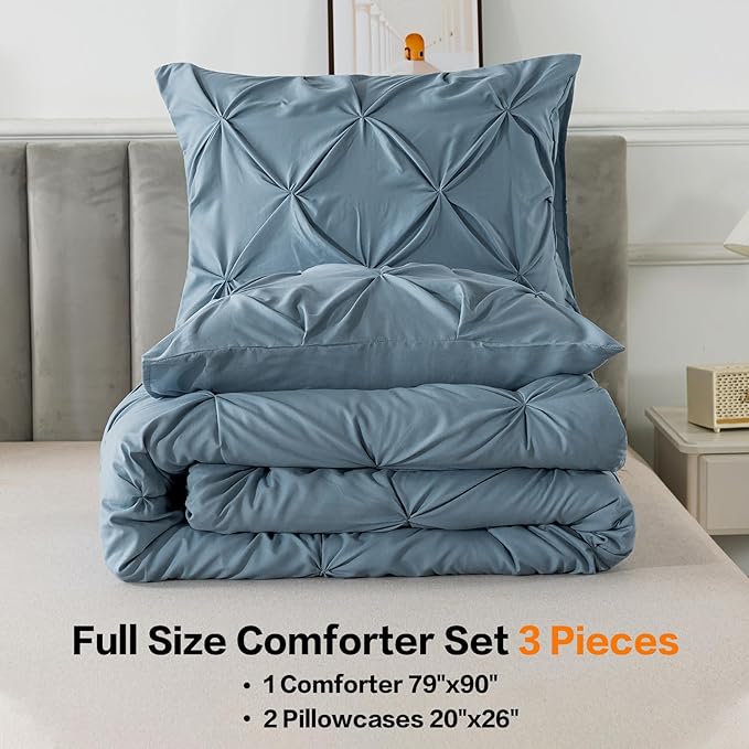 Andency Grayish Blue Pinch Pleat Comforter Full(79x90Inch), 3 Pieces(1 Pintuck Comforter and 2 Pillowcases) Solid Soft Down Alternative Microfiber Lightweight Bedding Set All Season
