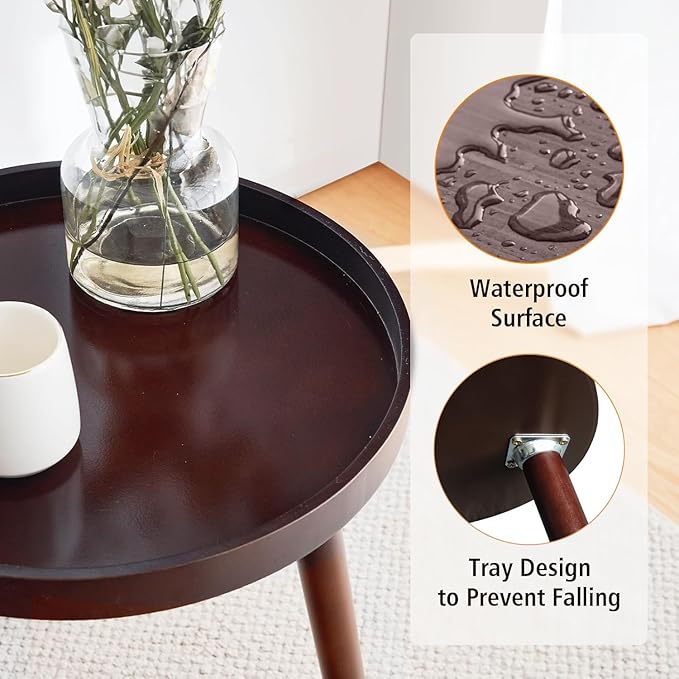 Apicizon Round Side Table, Brown Tray Nightstand Coffee End Table for Living Room, Bedroom, Small Spaces, Easy Assembly Bedside Table, 15 x 18 Inches