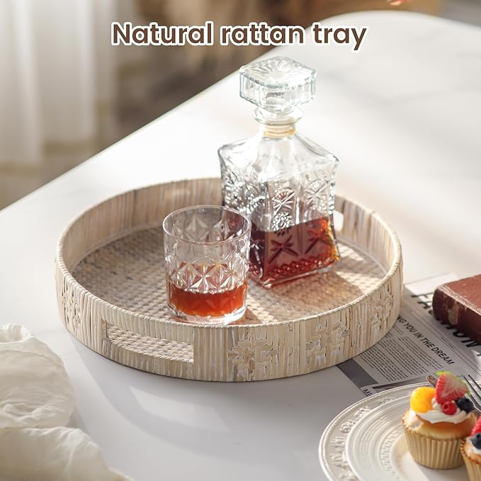 Round Rattan Tray, Wicker Decorative Tray for Coffee Table Decor, Large Wicker Serving Trays with Handles for Iving Room, Home and Kitchen Decor 13.2 inch, White