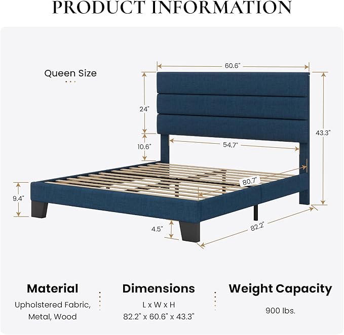 SHA CERLIN Queen Platform Bed Frame with Upholstered Fabric Headboard, Mattress Foundation with Strong Wooden Slats Support, No Box Spring Needed, Blue