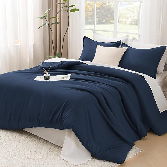 Litanika Navy Blue Comforter Set Queen Size, 3 Pieces Lightweight Solid Bedding Comforter Set, All Season Fluffy Bed Set (90x90In Comforter & 2 Pillowcases)