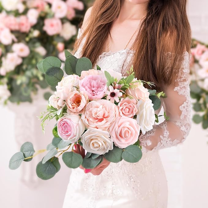 AmyHomie Blush Pink Artificial Flowers Combo Silk Rose Fake Flowers w/Stem for DIY Wedding Bouquets Centerpieces Arrangements Table Fall Decor Party Bridal Baby Shower Home Decorations