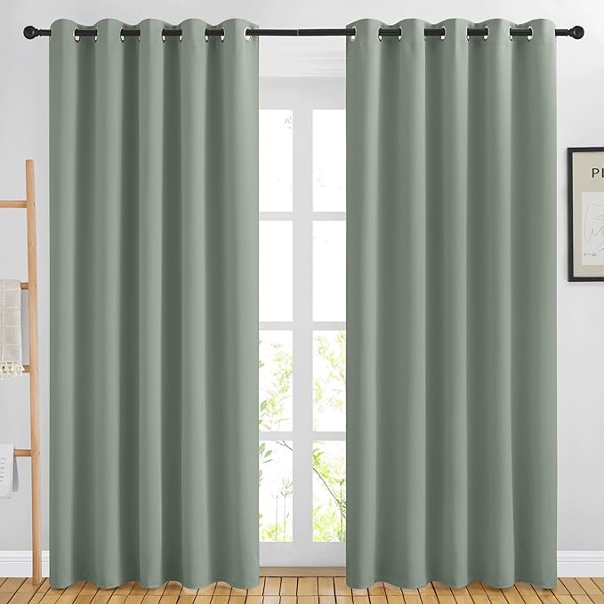 NICETOWN Blackout Sage Green Curtains & Drapes for Living Room - Thermal Insulated Solid Grommet Sound Reducing Room Darkening Window Treatments for Bedroom/French Door (2 Panels, W66 x L84)