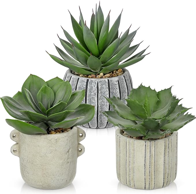 Briful 3 Pack Faux Succulent Plants in Vintage Cement Pots – Artificial Aloe Succulent Decor with Realistic Leaves and Pebble Base – Rustic Mini Plant Set for Home Office Bathroom Bookshelf