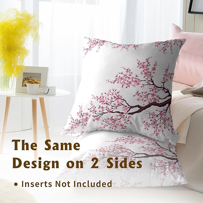 Cherry Blossom Throw Pillow Cover - Japanese Decorative Pillowcases 20x20 Inch Set of 2 Pink Flower Pillow Cases with Hidden Zipper Home Cushion Decorative