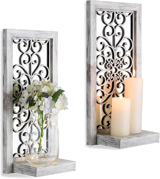 Mirrored Wall Candle Holders Decorative White - Farmhouse Wall Candle Sconces Set of 2 Washedwhite Candle Holder Decor for Small Vase Tealight Pillar Candles