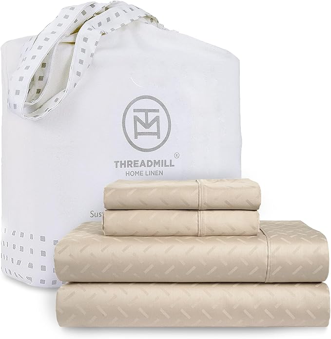 Threadmill Cotton Twin Sheet Set | 100% Cotton Sheets for Twin Size Bed | Damask Jacquard Sateen Bed Sheets Set with 16” Deep Pocket | Soft Breathable 3-Piece Cooling Sheet Set | Beige