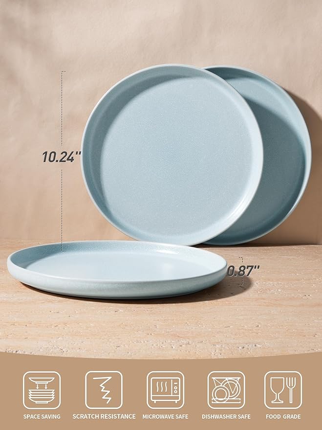 famiware Milkyway Dinner Plates, 10.24 inch Plates for 6, Stoneware Dessert Plates Dish Set for Kitchen, Reactive Glaze Plate Set, Microwave and Dishwasher Safe, Light Blue