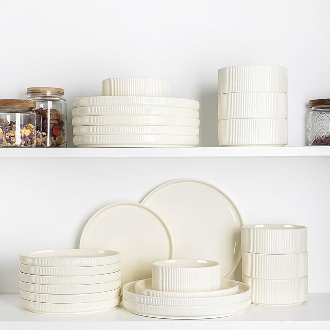 TheTerra Ceramic Dinnerware Sets for 8, 24 Pieces Porcelain Lightweight Plates and Bowls Sets, Scratch Resistant Dish Set, Oven & Microwave & Dishwasher Safe, Beige