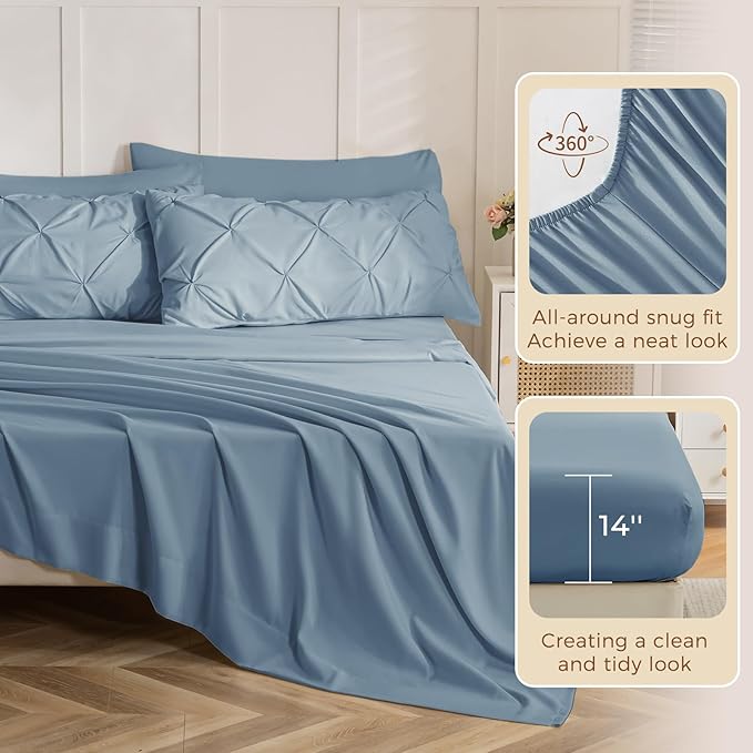 Sasttie King Size Comforter Set, 7-Piece Bed in a Bag, Pintuck Bedding Set for All Season, Includes Comforter, Flat Sheet, Fitted Sheet, Pillowcases and Pillowshams, Slate Blue