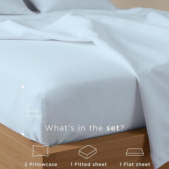 Threadmill Full Size Sheet Set | 100% Cotton Sheets | Solid Sateen Full Bed Sheets Set with 16' Elasticized Deep Pocket | Soft Breathable 4-Piece Cooling Sheet Set | Light Blue