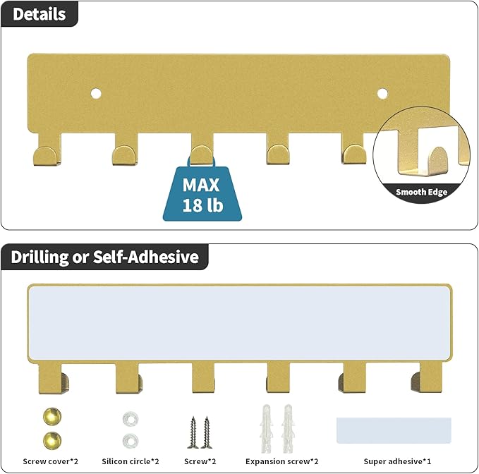 GTK Key Holder for Wall, Key Hooks with 6 Hooks, Wall Mounted Key Holder for Hallway, Self Adhesive Key Rack(Gold)