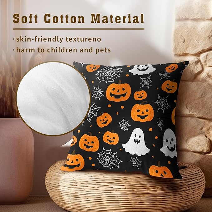 Halloween Throw Pillow Covers 18x18 - Ghost Pumpkins Pillow Covers 2PCS Halloween Day Spider Web Pillowcases for Couch Sofa Bench Bedroom