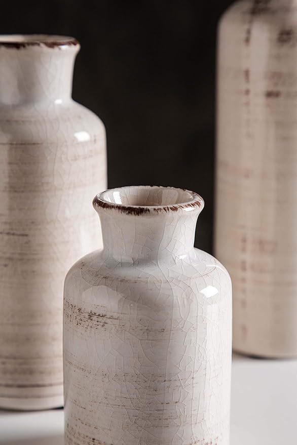 CwlwGO- Ceramic Rustic Vase 3 Piece Set,Small vase for Country Home Decoration,Modern Farmhouse Decor, Living Room Table Decoration, Bookcase, Fireplace and Entrance Decorations.(White)