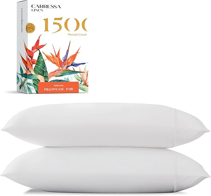 Carressa Linen 100% Egyptian Cotton Pillow Cases Standard/Queen Size Set of 2 - Luxury 1500 Thread Count Sateen White Pillow Cases, Silky Soft Cotton Pillowcases Fits Standard & Queen Pillows