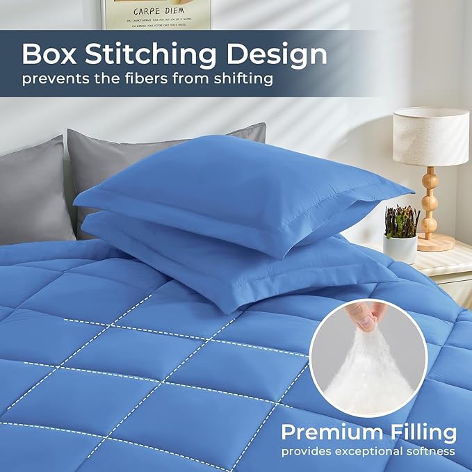 HEVUMYI Royal Blue & Light Grey King Comforter Set - 7-Piece All Season Bed in a Bag King, Ultra Soft Bedding Set with Comforter, Flat Sheet, Fitted Sheet, Pillowcases, Pillow Shams, Royal Blue