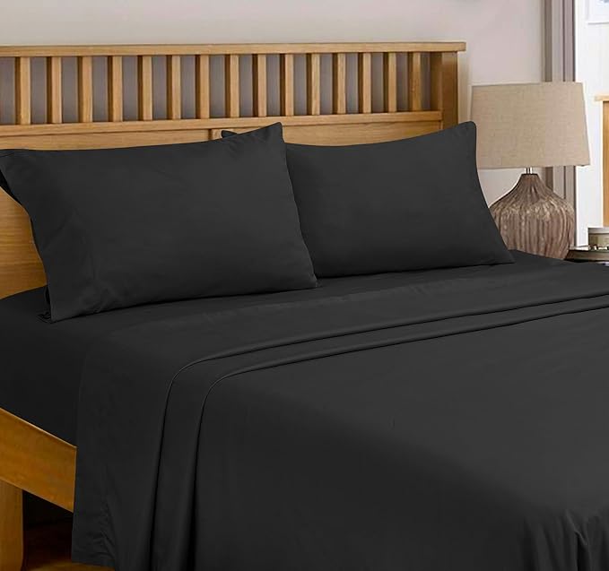 Royale Linens 300 Thread Count 100% Long Staple Combed Cotton Flat Sheet - Super Soft - Top Sheets - Full Flat Sheet Sold Separately - Breathable, Cool & Crisp Percale Sheets Only (Twin XL, Black)