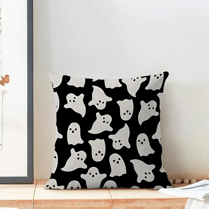 Halloween Pillow Covers 20 x 20 Inch, Black and Cream Ghost Decor Throw Pillows for Couch Bed, Halloween Outdoor Farmhouse Decorative Pillowcase Linen Cushion Cover Set of 2