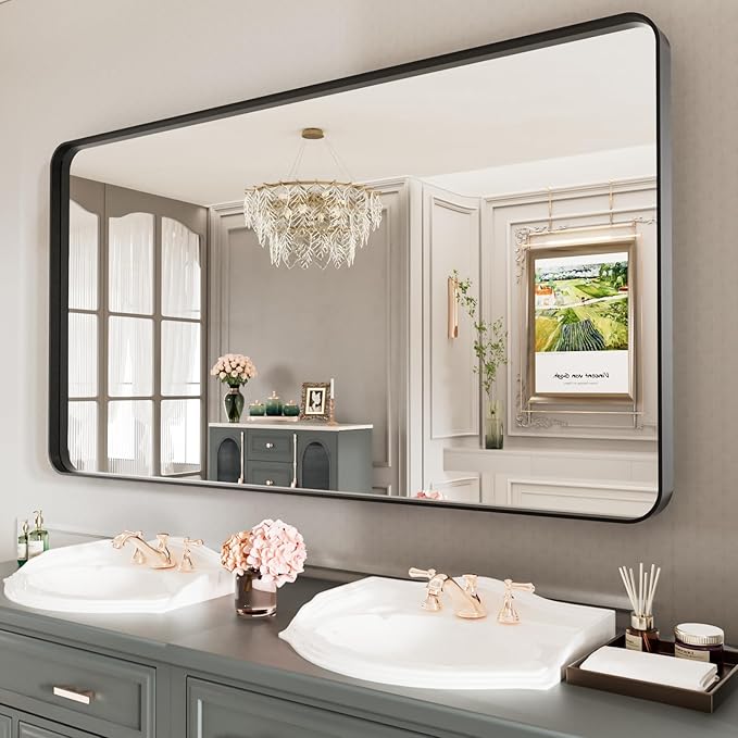 LOAAO Black Metal Framed Bathroom Mirror for Wall, Large 55X30 Inch Rounded Rectangle Mirror, Matte Black Bathroom Vanity Mirror Farmhouse, Anti-Rust, Tempered Glass, Hangs Horizontally or Vertically