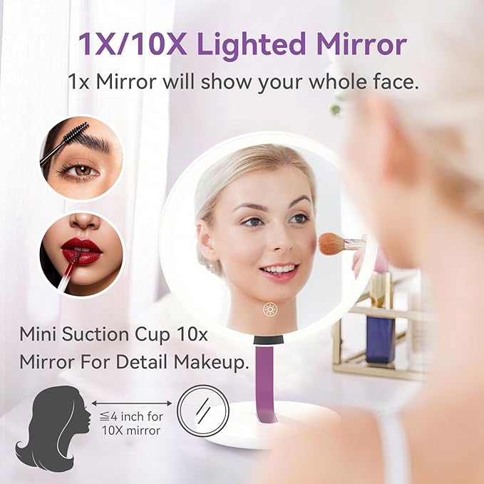 9.65-inch Lighting Makeup Mirror, 1x / 10x, Touch Control, 3-Color Adjustable, Metal Stand, up and Down Adjustable Makeup Mirror,High Color Rendering, Eye-Protecting Light Source,Pink