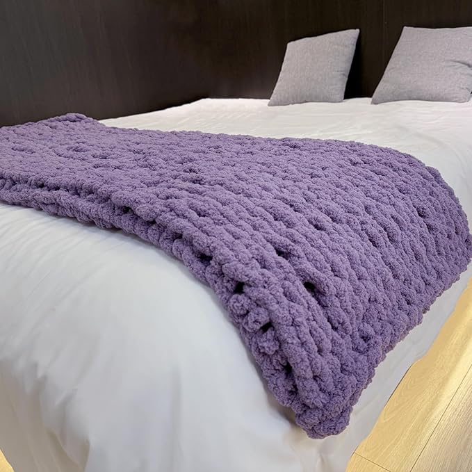 Chunky Knit Blanket Throw 40"×40", Chenille Throw Blankets, Handmade Warm & Cozy Blanket Couch Bed Home Decor, Soft Breathable Fleece Banket, Christmas for Couch Bed Sofa Best Gift (Purple)