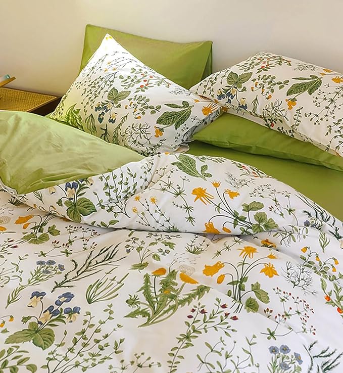 KAREVER Botanical Comforter Queen Sage Green Floral Plant Bedding Set Garden Pattern Printed Reversible Blanket 3 PCs Breathable White Floral Bed Comforter Set