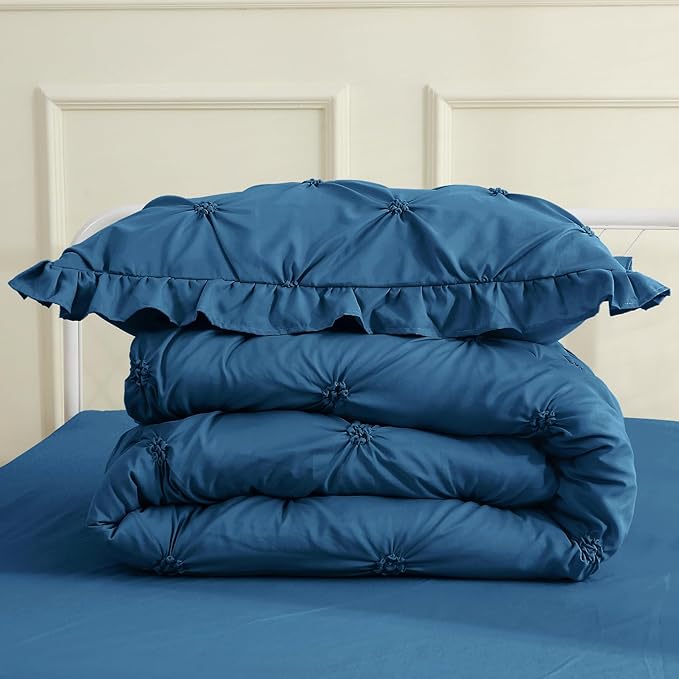 JOLLYVOGUE Teal Twin Size Comforter Sets 5 Pieces, Pintuck Bed in a Bag Comforter Set for Bedroom, Bedding Comforter Sets with Comforter, Sheets,Ruffled Shams & Pillowcases